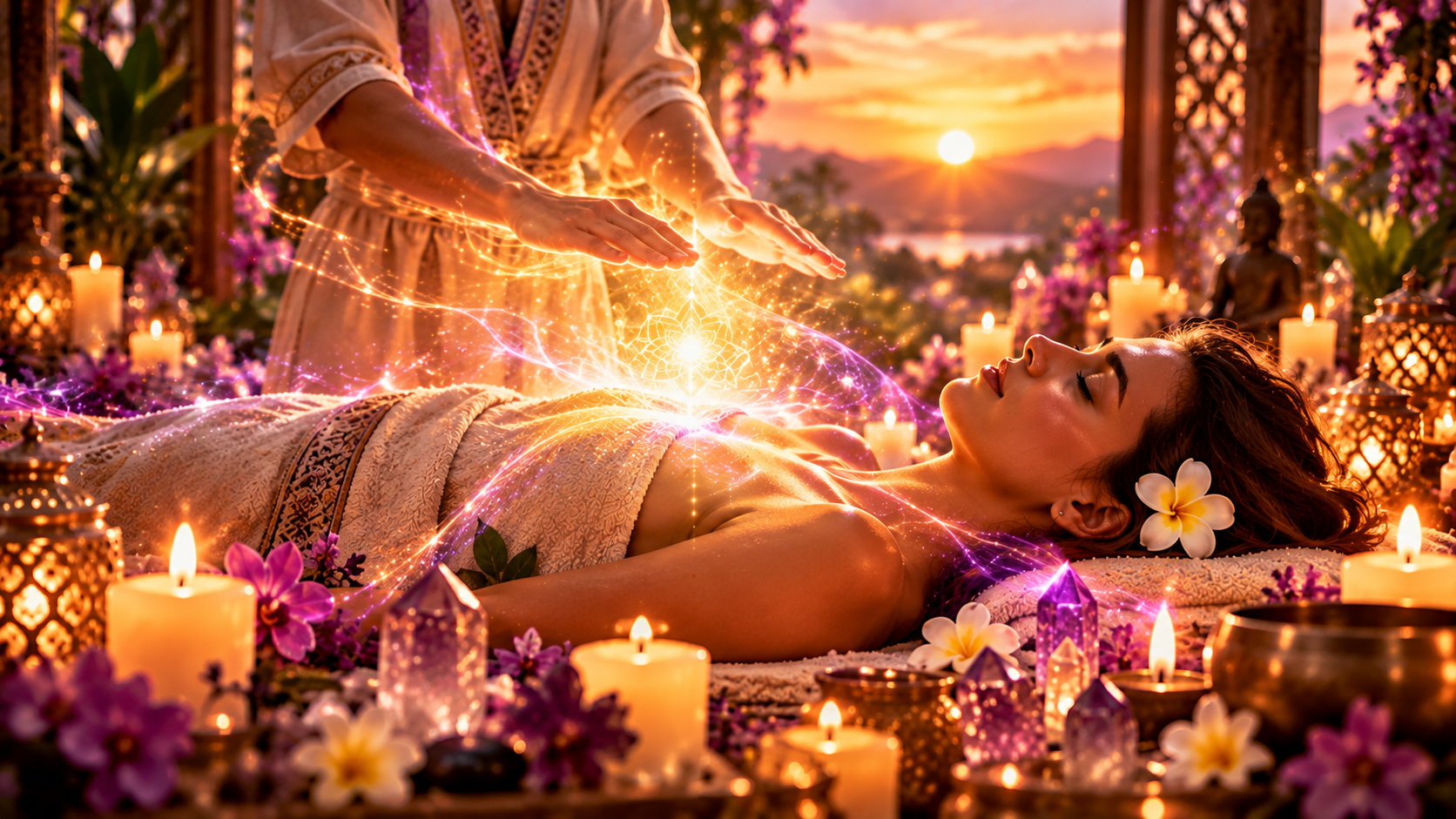 Soin énergétique dans une ambiance féerique, violette et dorée